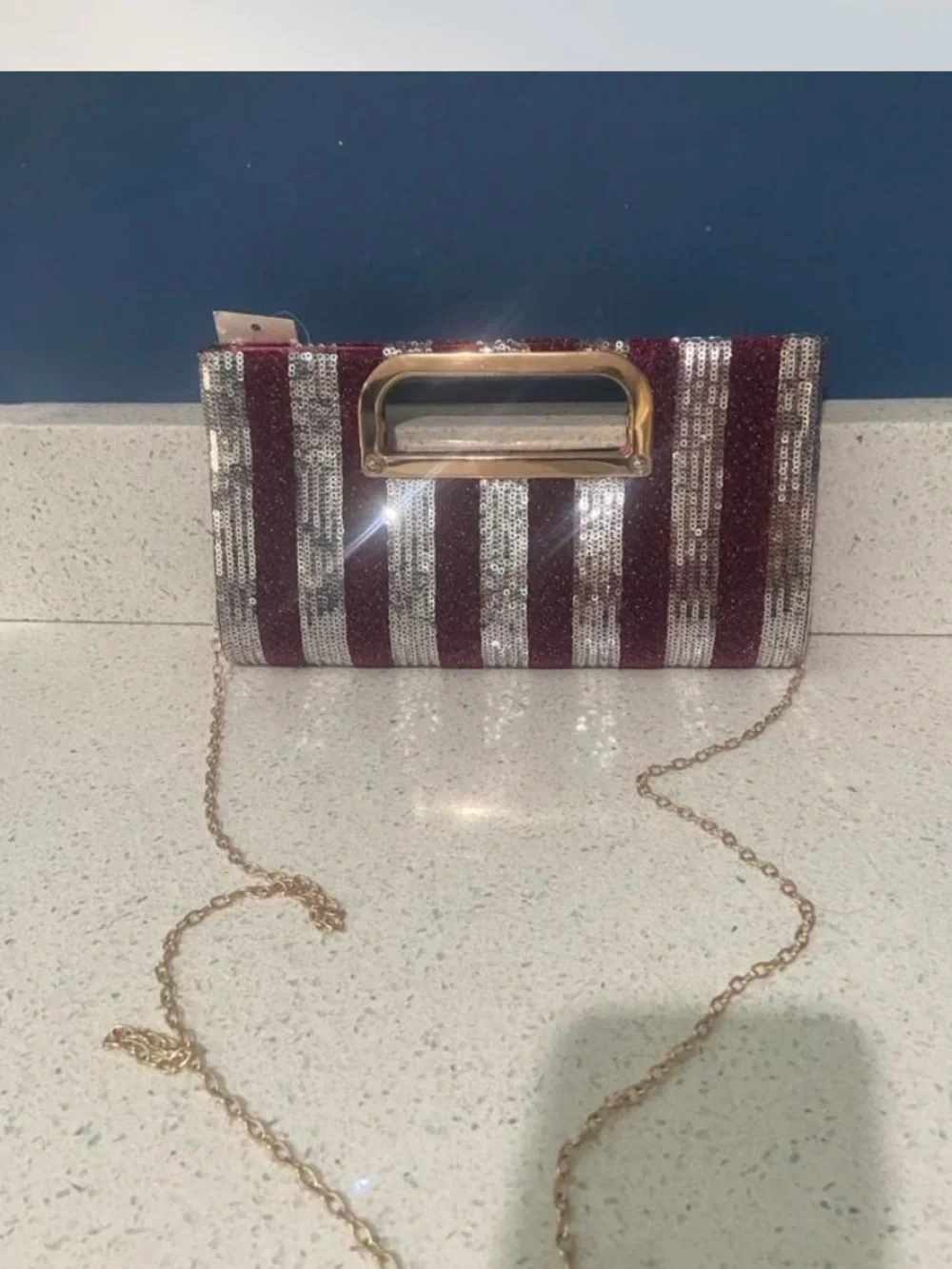 Striped Sequin Evening Clutch in Burgundy and Silver with Gold Handle